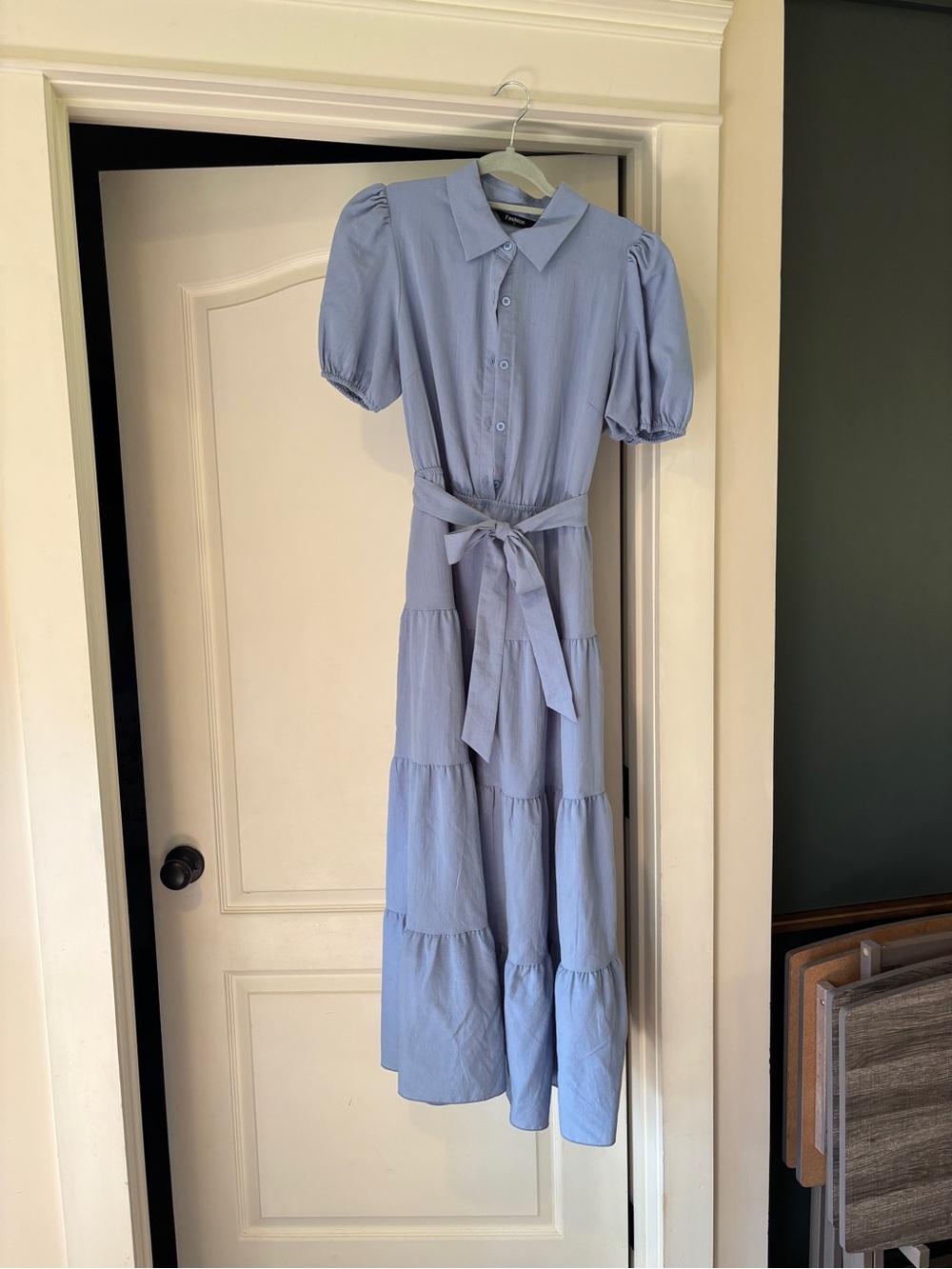 Puff Sleeve Tiered Maxi Dress with Waist Tie — Light Blue